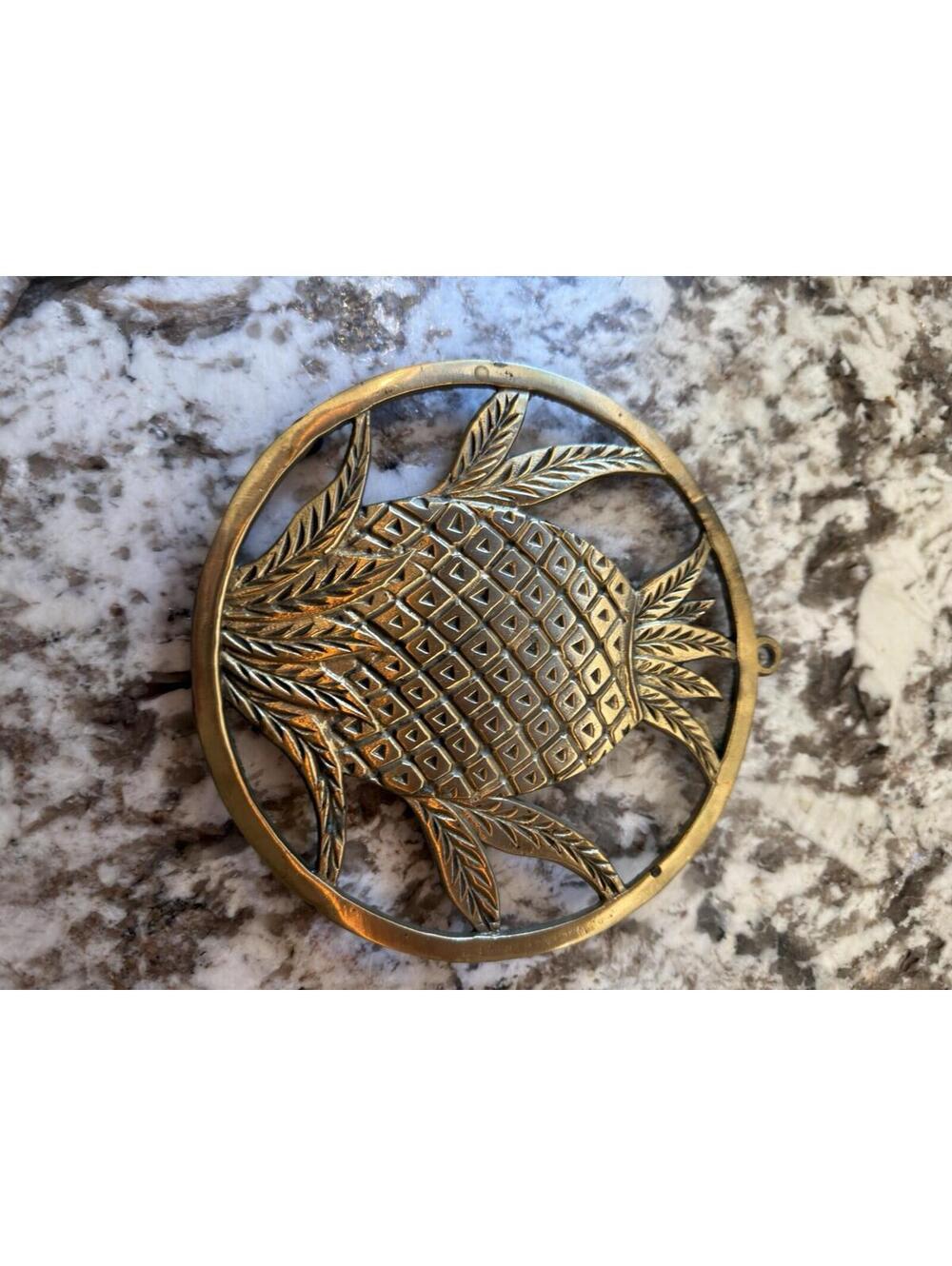 Vintage Solid Brass Large Round Pineapple Trivet or Wall Decor Footed 8”